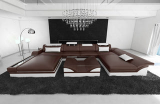 Mini Wohnlandschaft Monza Eleganz U-Form aus Leder Dunkelbraun-Weiß