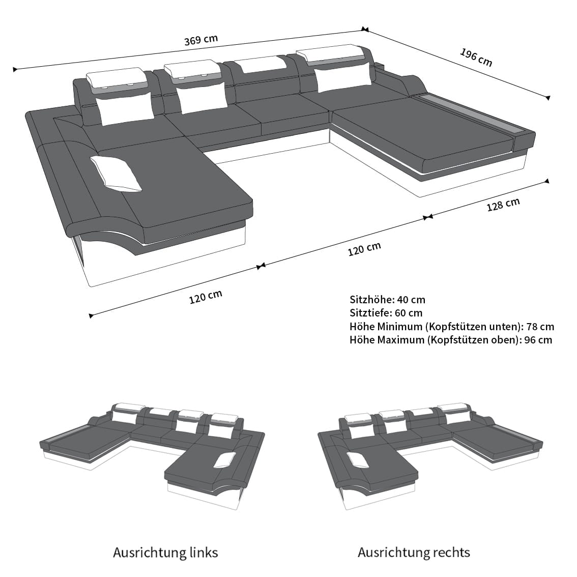 Mini Wohnlandschaft Monza Eleganz U-Form aus Leder Dunkelbraun-Weiß