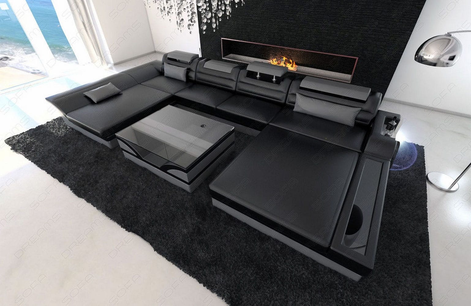 Mini Wohnlandschaft Monza Eleganz U Form aus Leder schwarz-grau