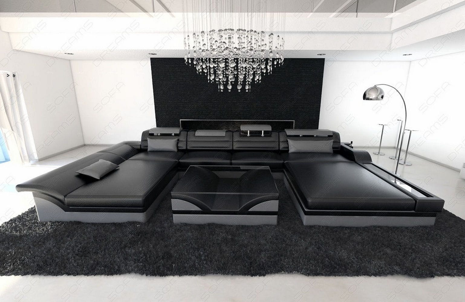 Mini Wohnlandschaft Monza Eleganz U Form aus Leder schwarz-grau