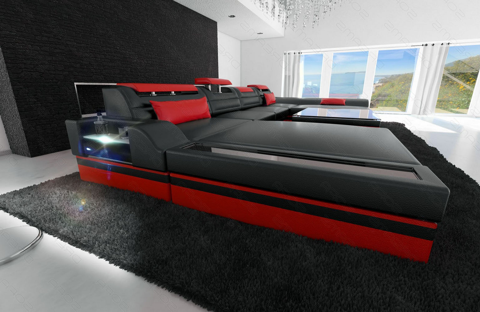 Leder Wohnlandschaft Monza U-Form schwarz-rot