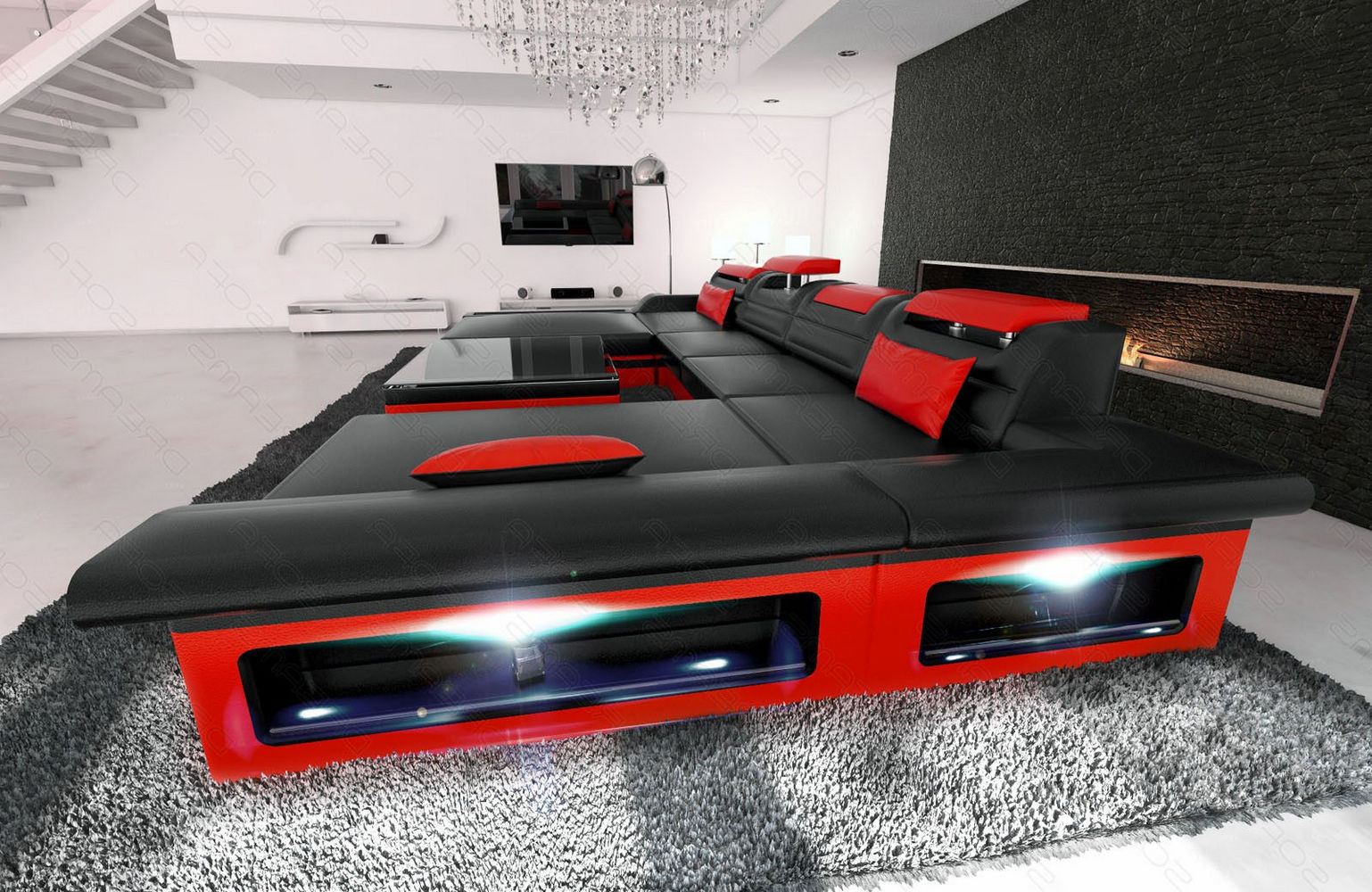 Leder Wohnlandschaft Monza U-Form schwarz-rot