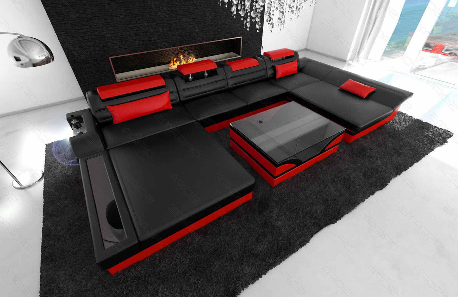 Leder Wohnlandschaft Monza U-Form schwarz-rot