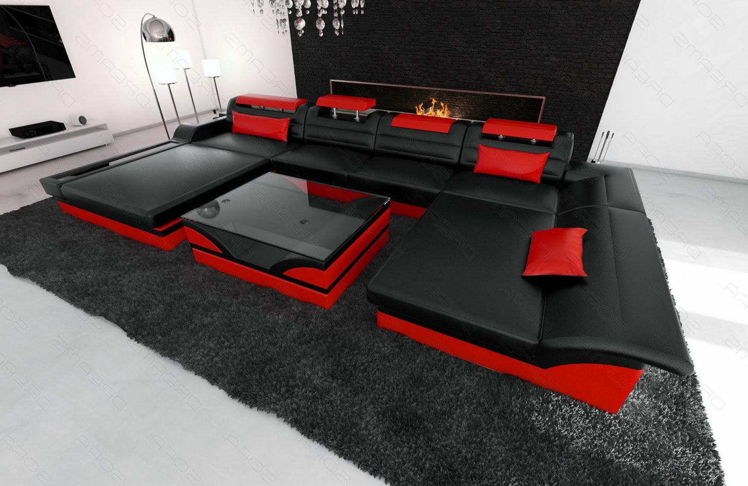 Leder Wohnlandschaft Monza U-Form schwarz-rot