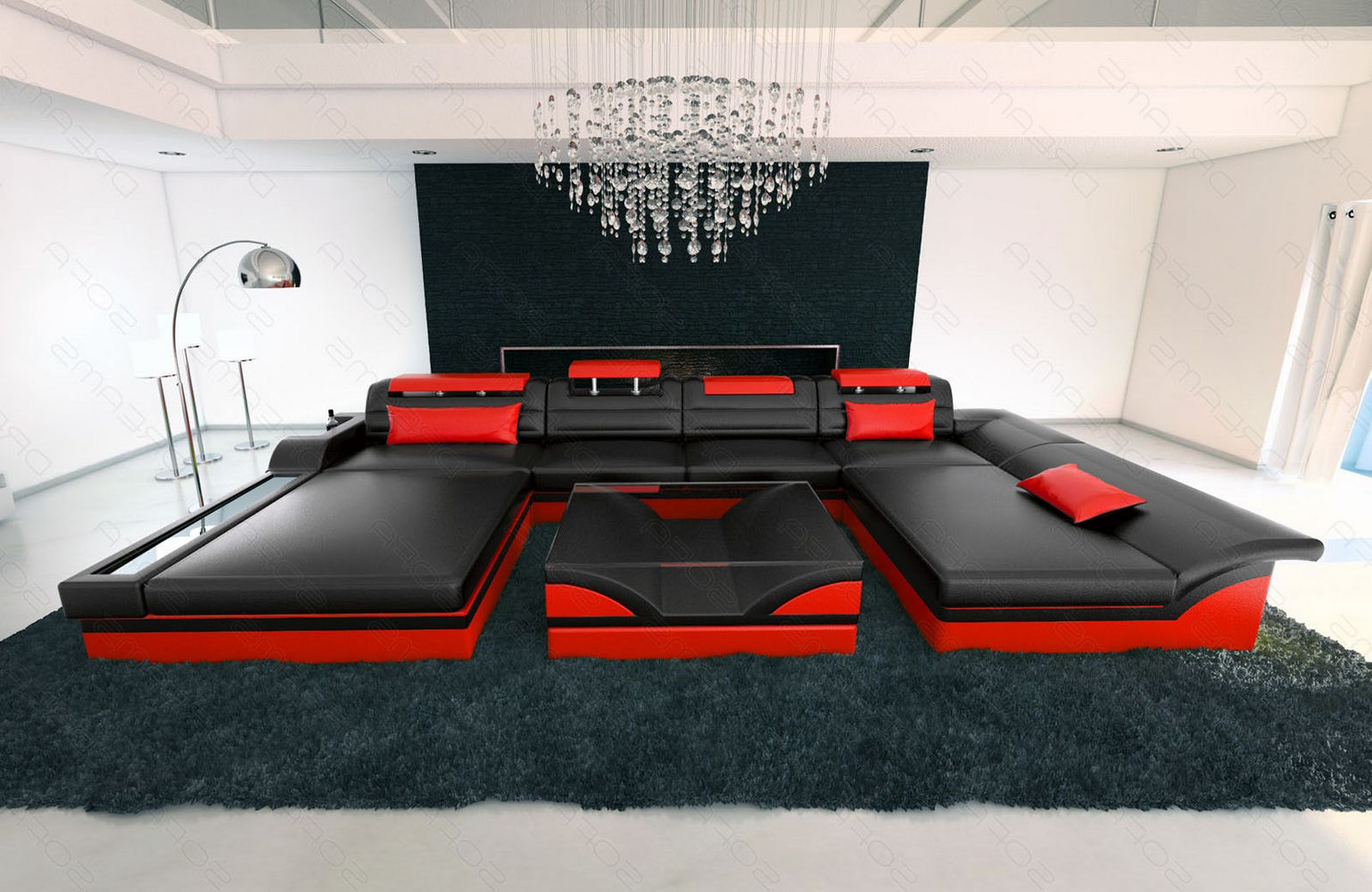 Leder Wohnlandschaft Monza U-Form schwarz-rot