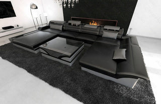 Wohnlandschaft Monza U-Form in Leder schwarz-grau