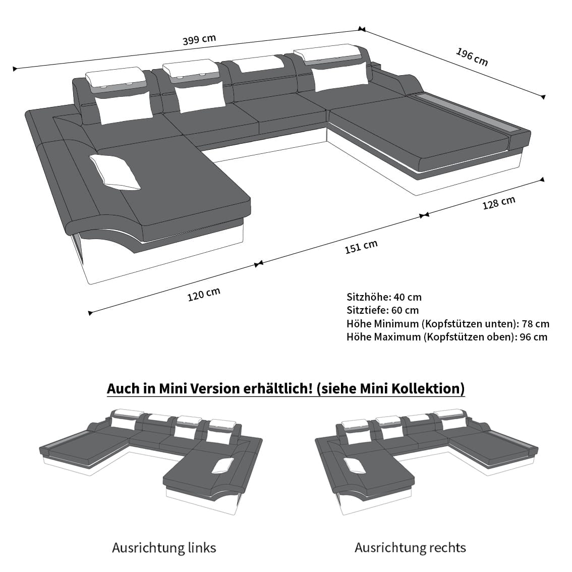 Wohnlandschaft Monza U-Form in Leder schwarz-grau