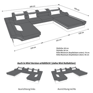 Wohnlandschaft Monza U-Form in Leder schwarz-grau