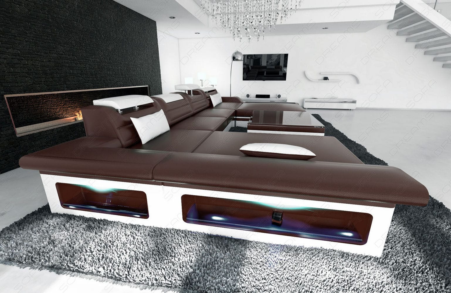Leder Wohnlandschaft Monza U-Form dunkelbraun-weiß