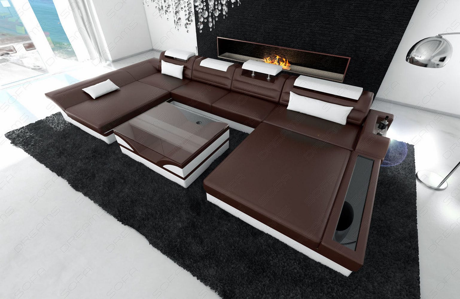 Leder Wohnlandschaft Monza U-Form dunkelbraun-weiß