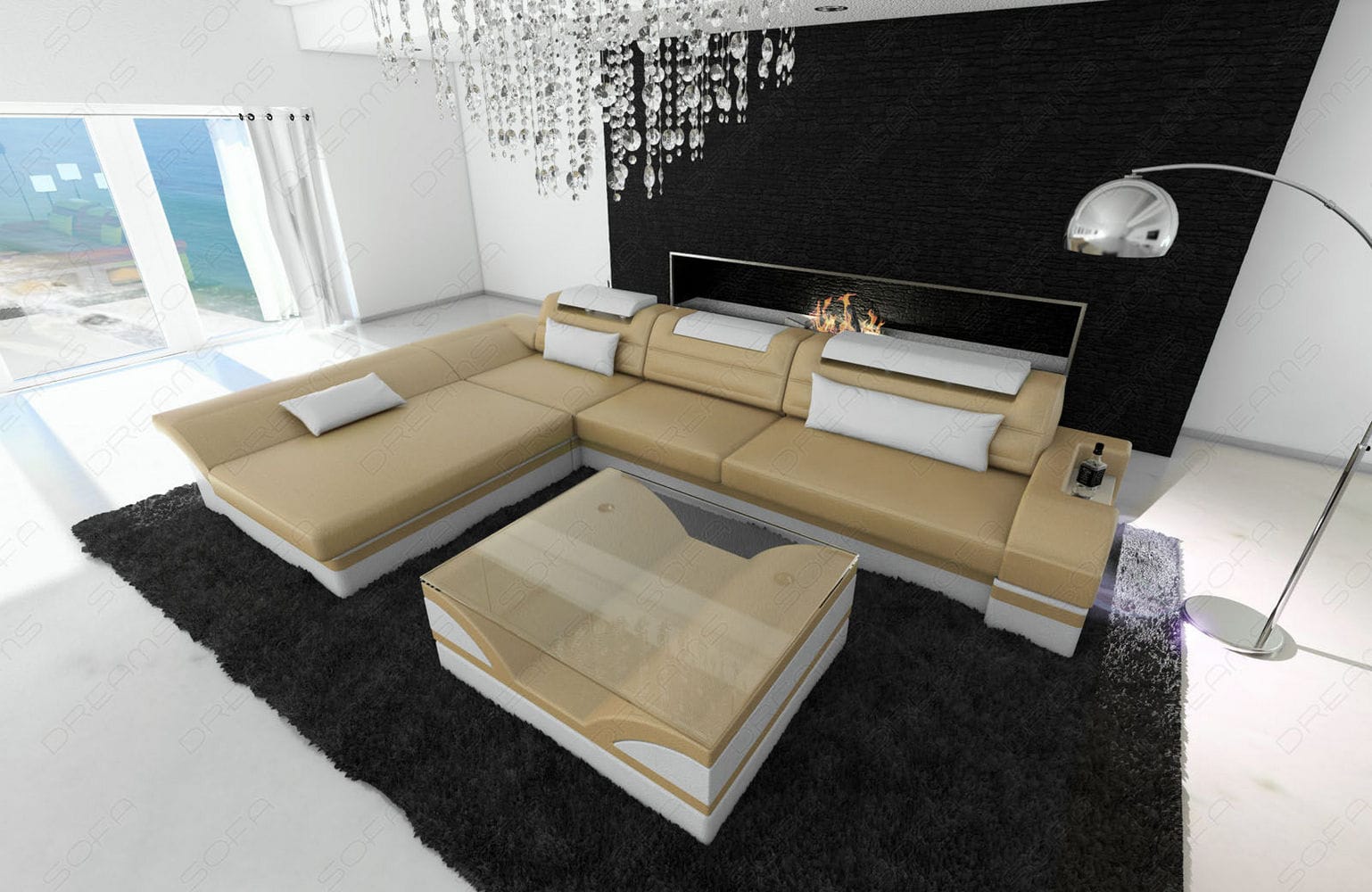 Mini Couch Monza Eleganz L Form in Leder sandbeige-weiß