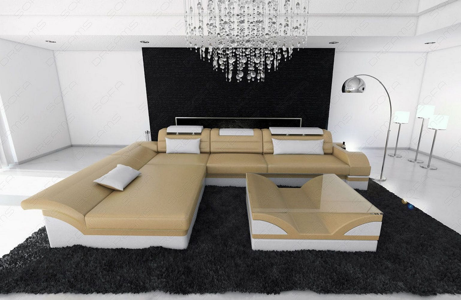 Mini Couch Monza Eleganz L Form in Leder sandbeige-weiß