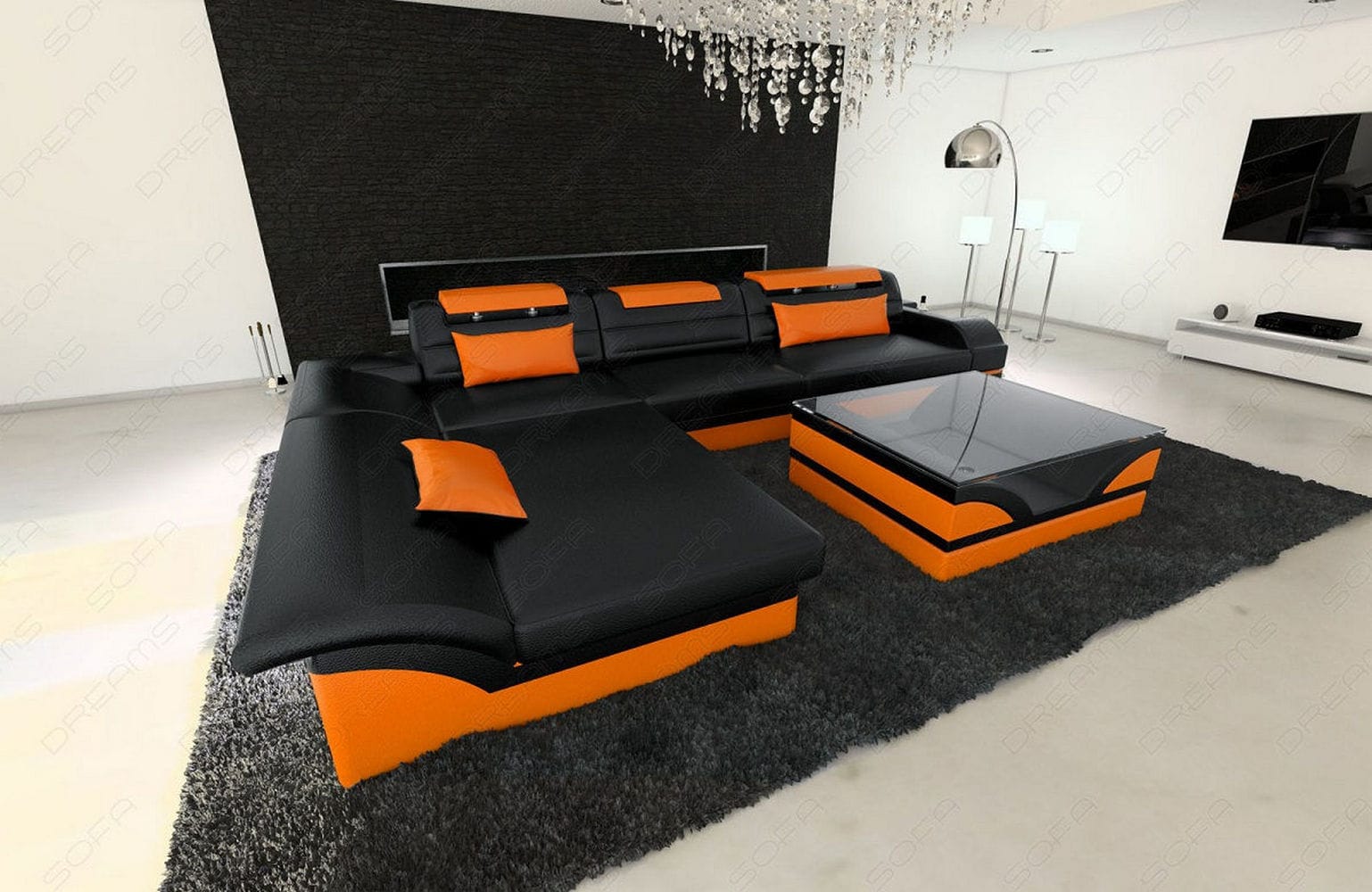Mini Couch Monza Eleganz L-Form in Leder Schwarz-Orange