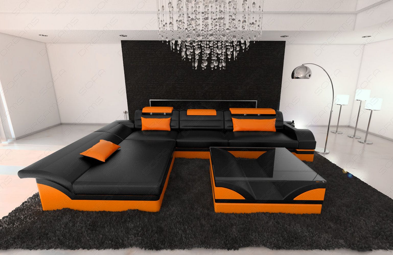 Mini Couch Monza Eleganz L-Form in Leder Schwarz-Orange