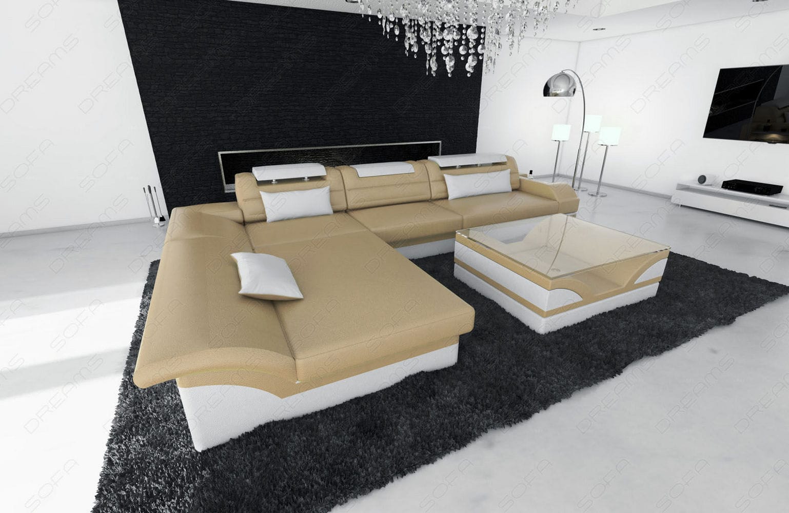 Mini Couch Monza Eleganz L-Form in Leder sandbeige-weiß