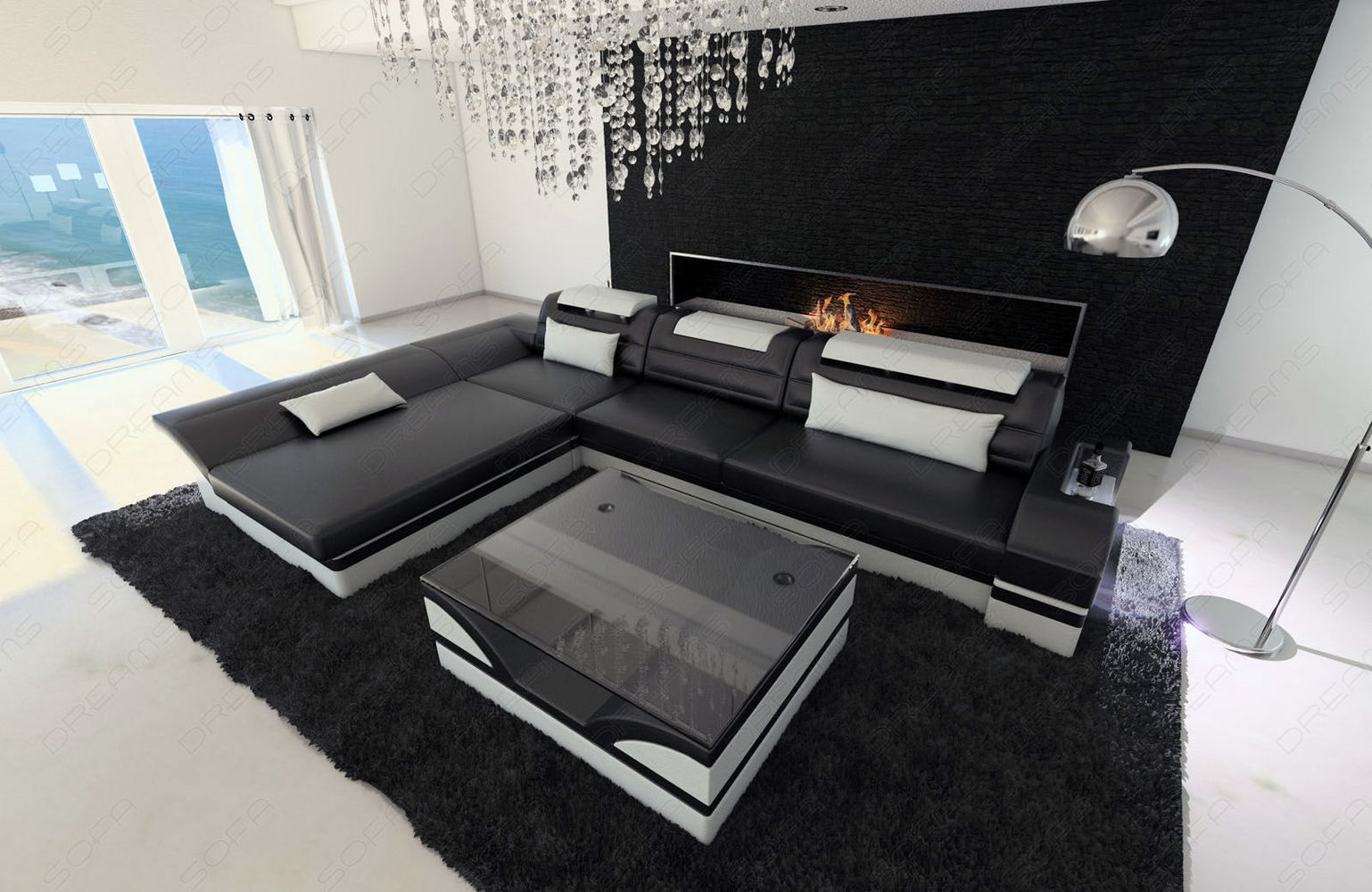 Mini Designer Ledersofa Monza L-Form – Eleganz Pur Schwarz-Weiß