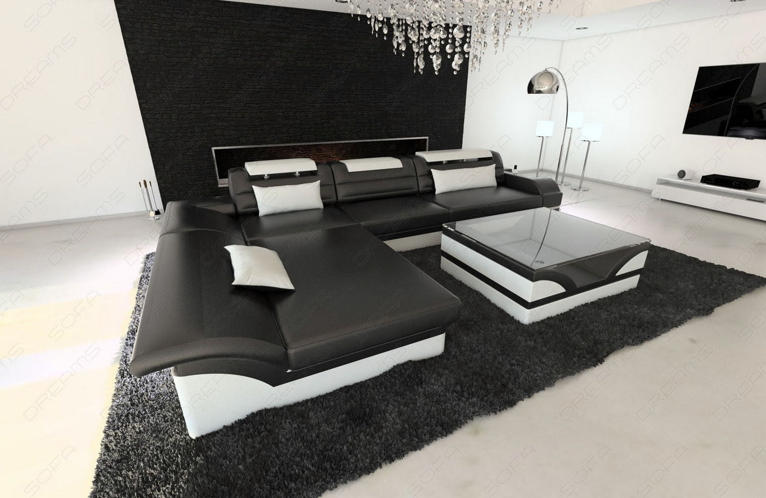 Mini Designer Ledersofa Monza L-Form – Eleganz Pur Schwarz-Weiß
