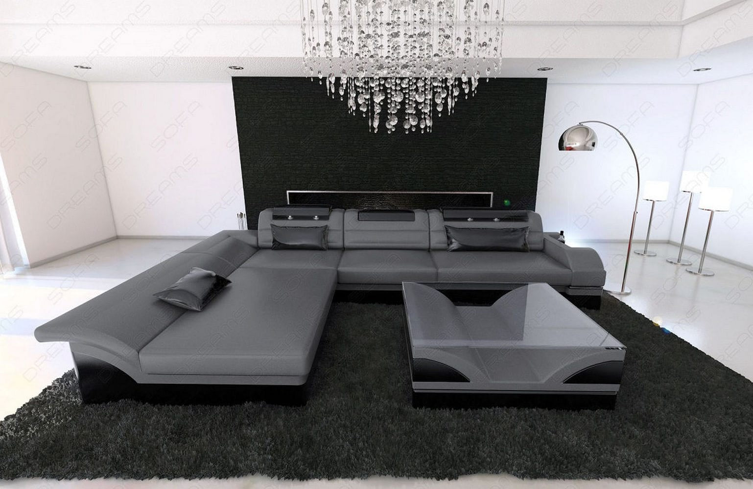 Mini Couch Monza Eleganz L-Form in Leder Grau-Schwarz