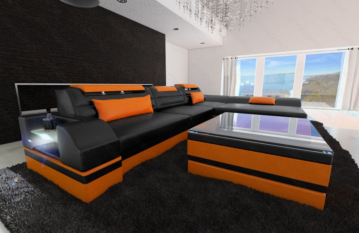 Mini Couch Monza Eleganz L-Form in Leder Schwarz-Orange