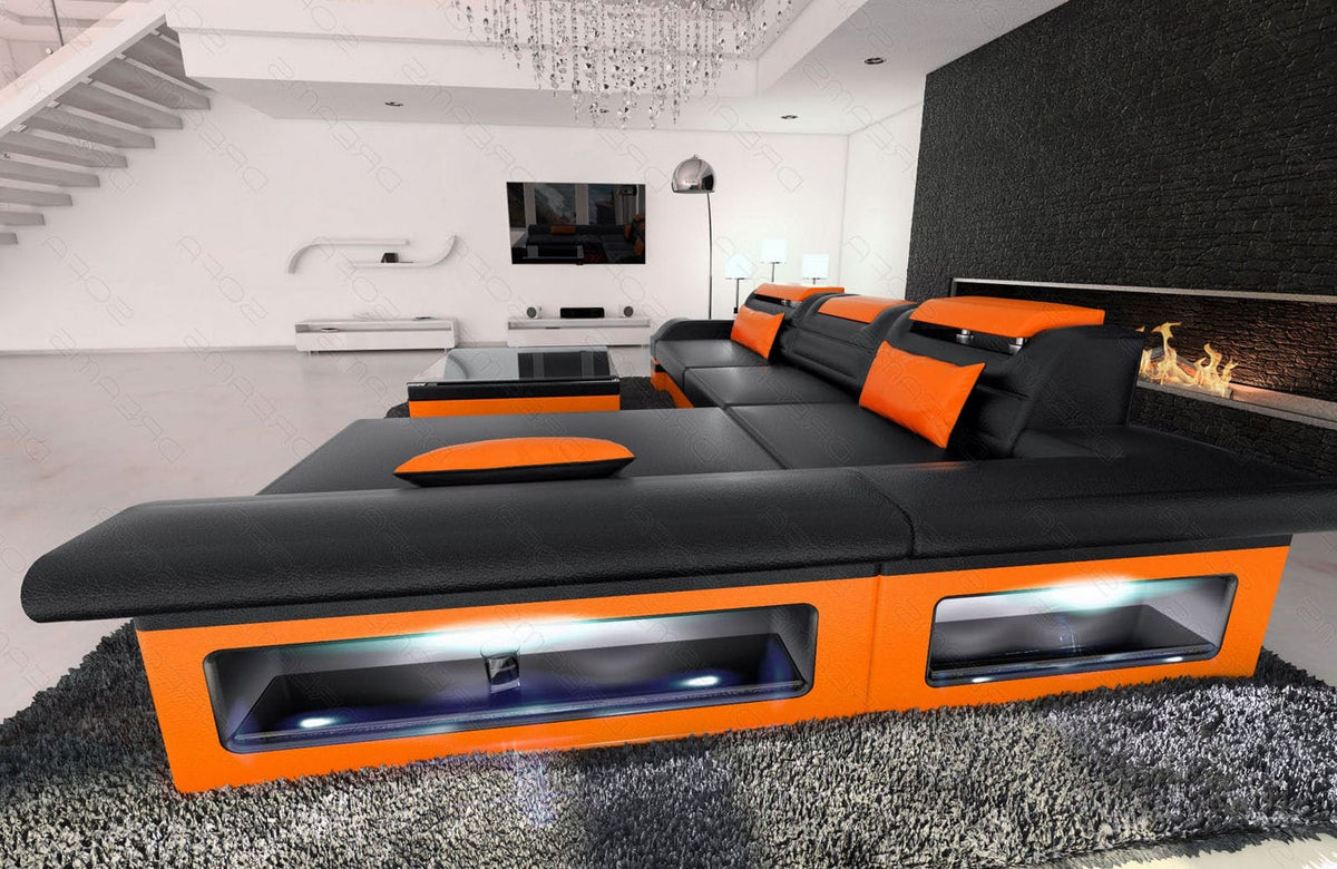 Mini Couch Monza Eleganz L-Form in Leder Schwarz-Orange