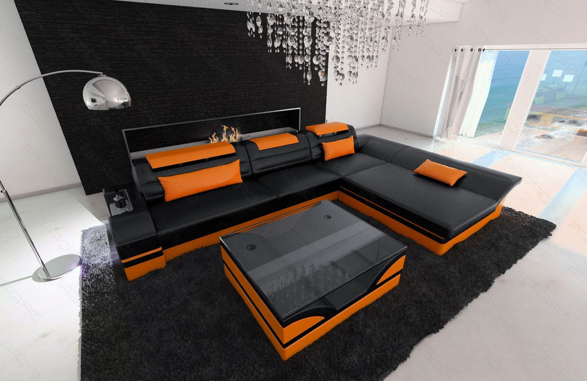 Mini Couch Monza Eleganz L-Form in Leder Schwarz-Orange