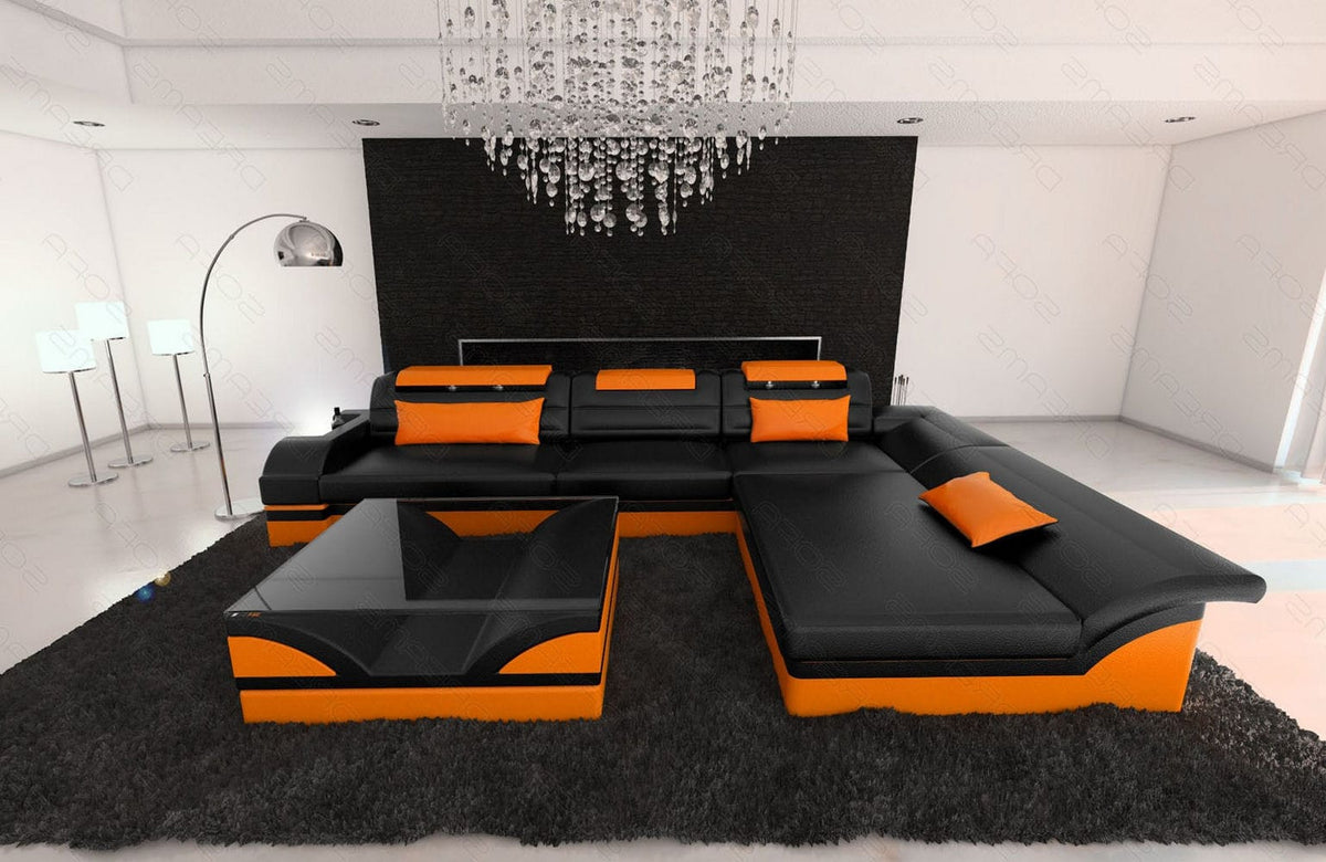 Mini Couch Monza Eleganz L-Form in Leder Schwarz-Orange