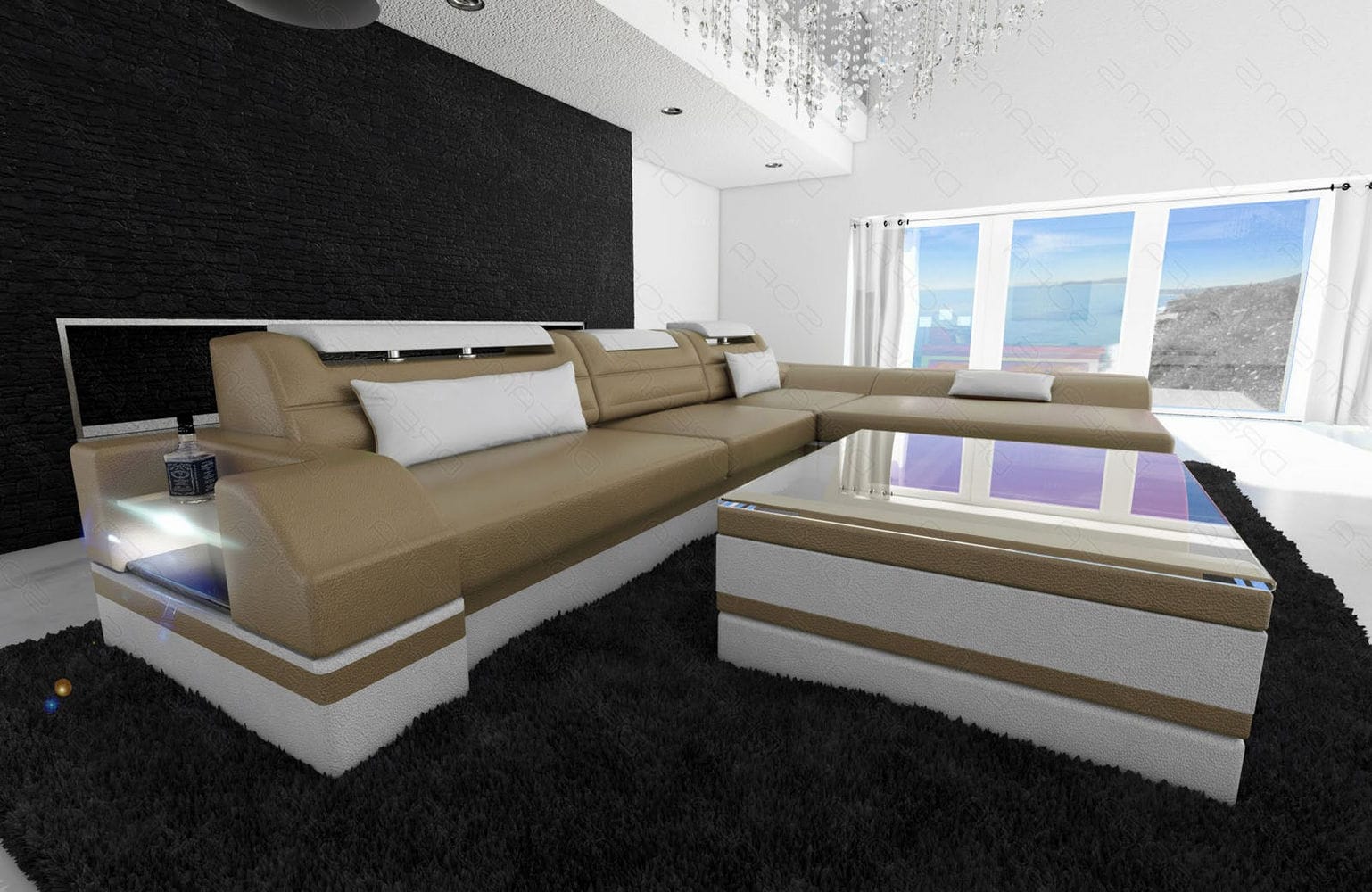 Couch Monza L Form in Leder sandbeige-weiß