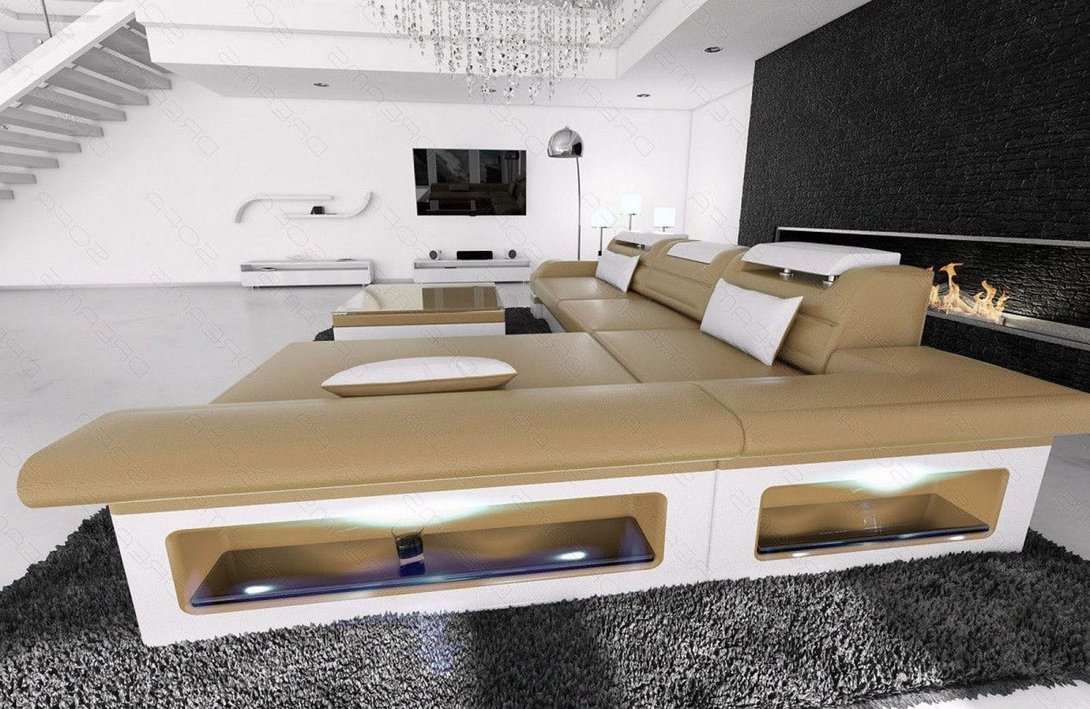 Couch Monza L Form in Leder sandbeige-weiß
