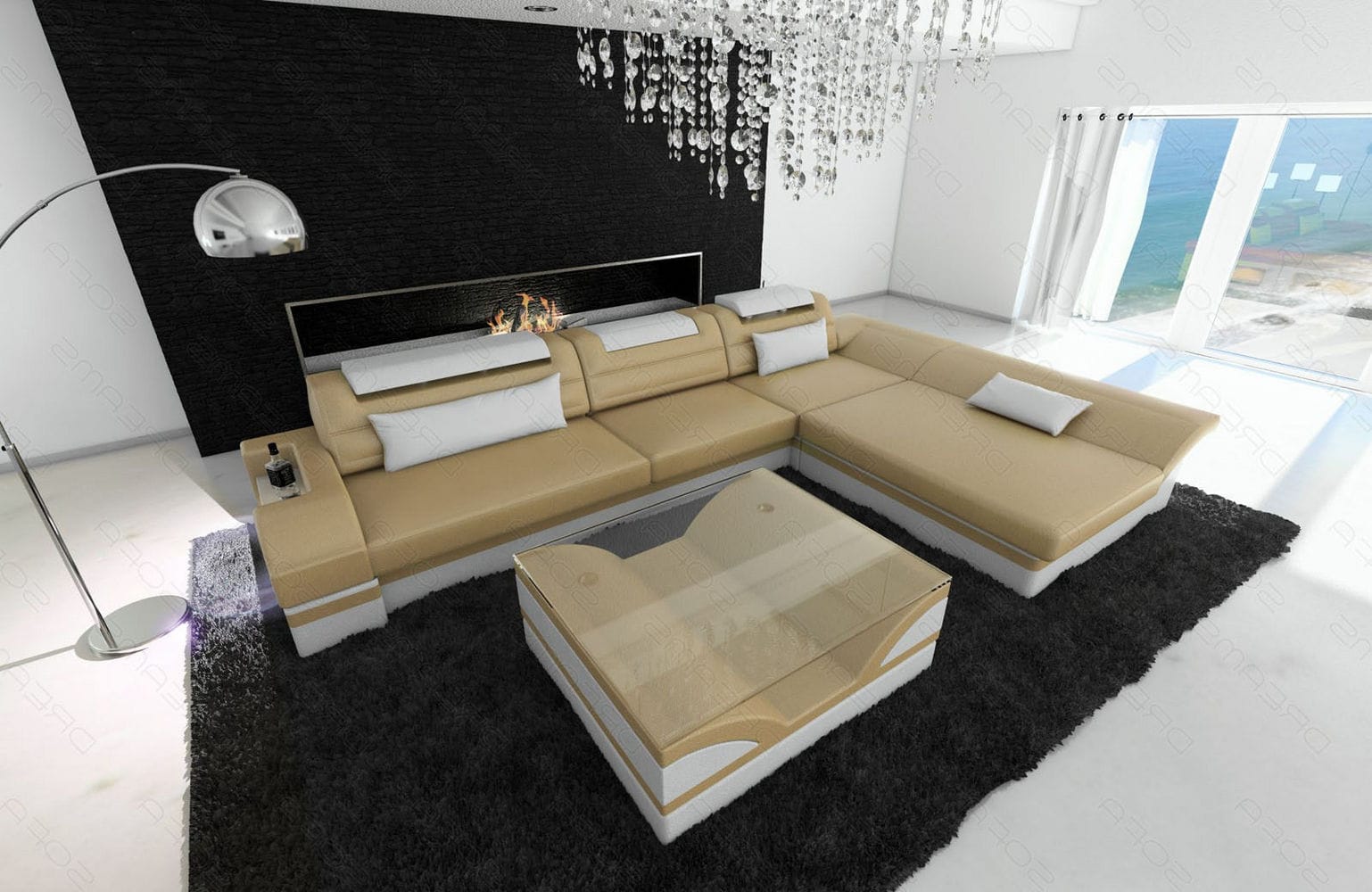 Couch Monza L Form in Leder sandbeige-weiß