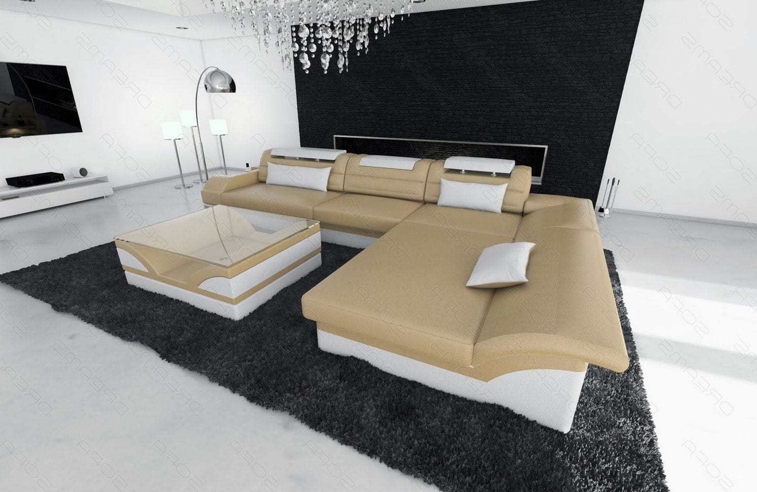 Couch Monza L Form in Leder sandbeige-weiß