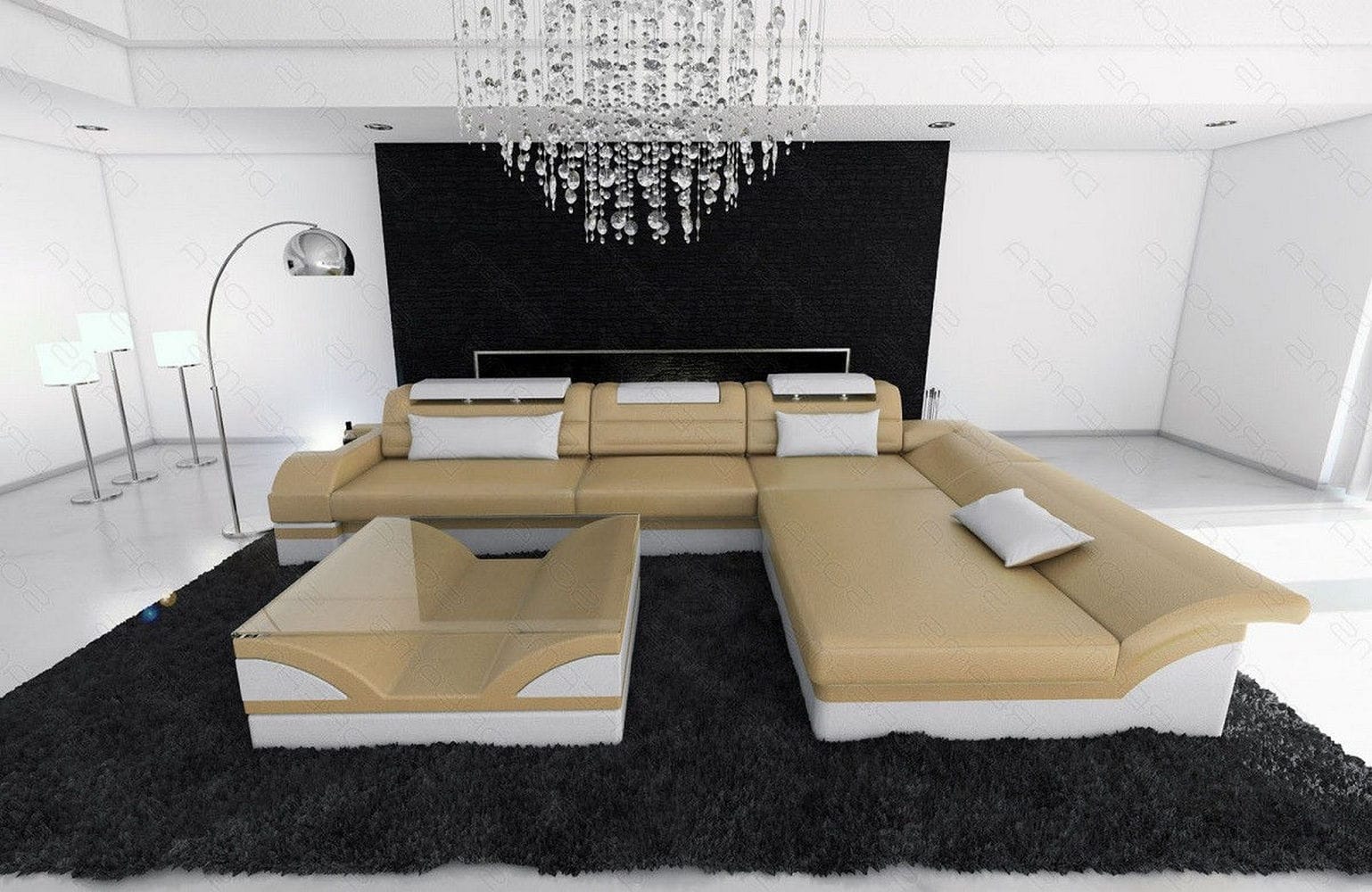 Couch Monza L Form in Leder sandbeige-weiß