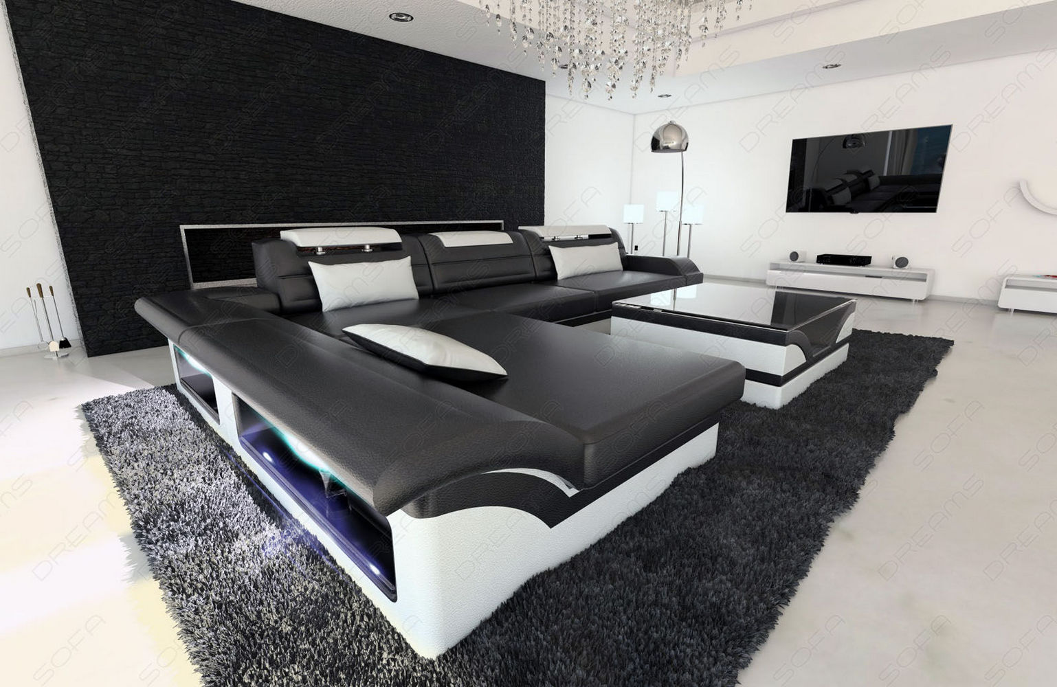 Designer Ledersofa Monza L-Form schwarz-weiß