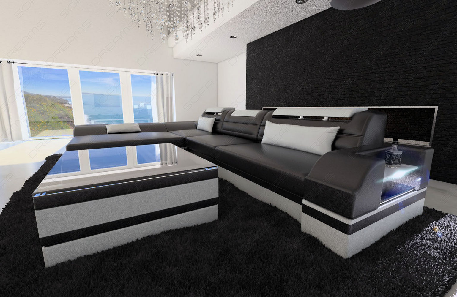 Designer Ledersofa Monza L-Form schwarz-weiß