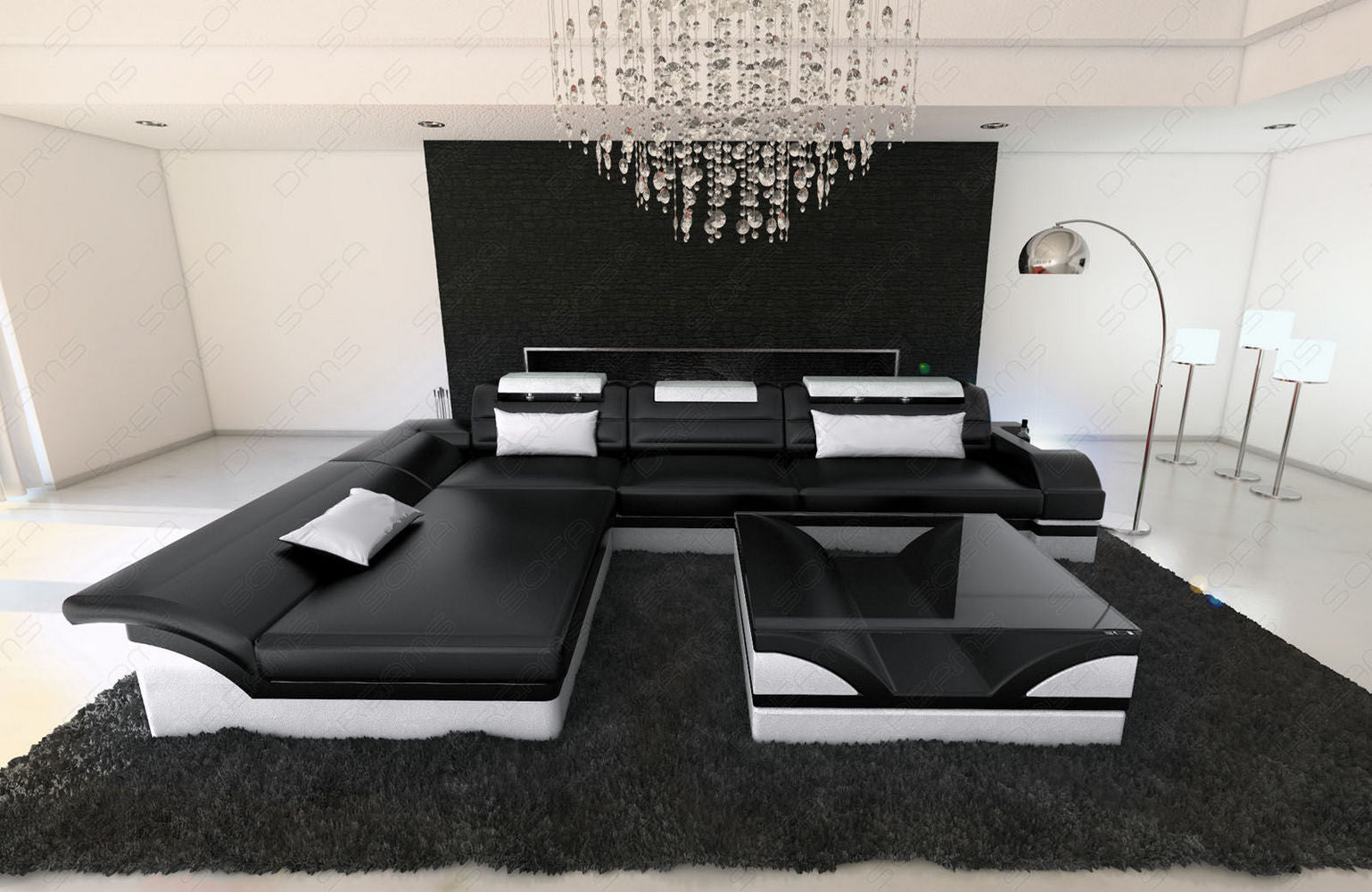 Designer Ledersofa Monza L-Form schwarz-weiß