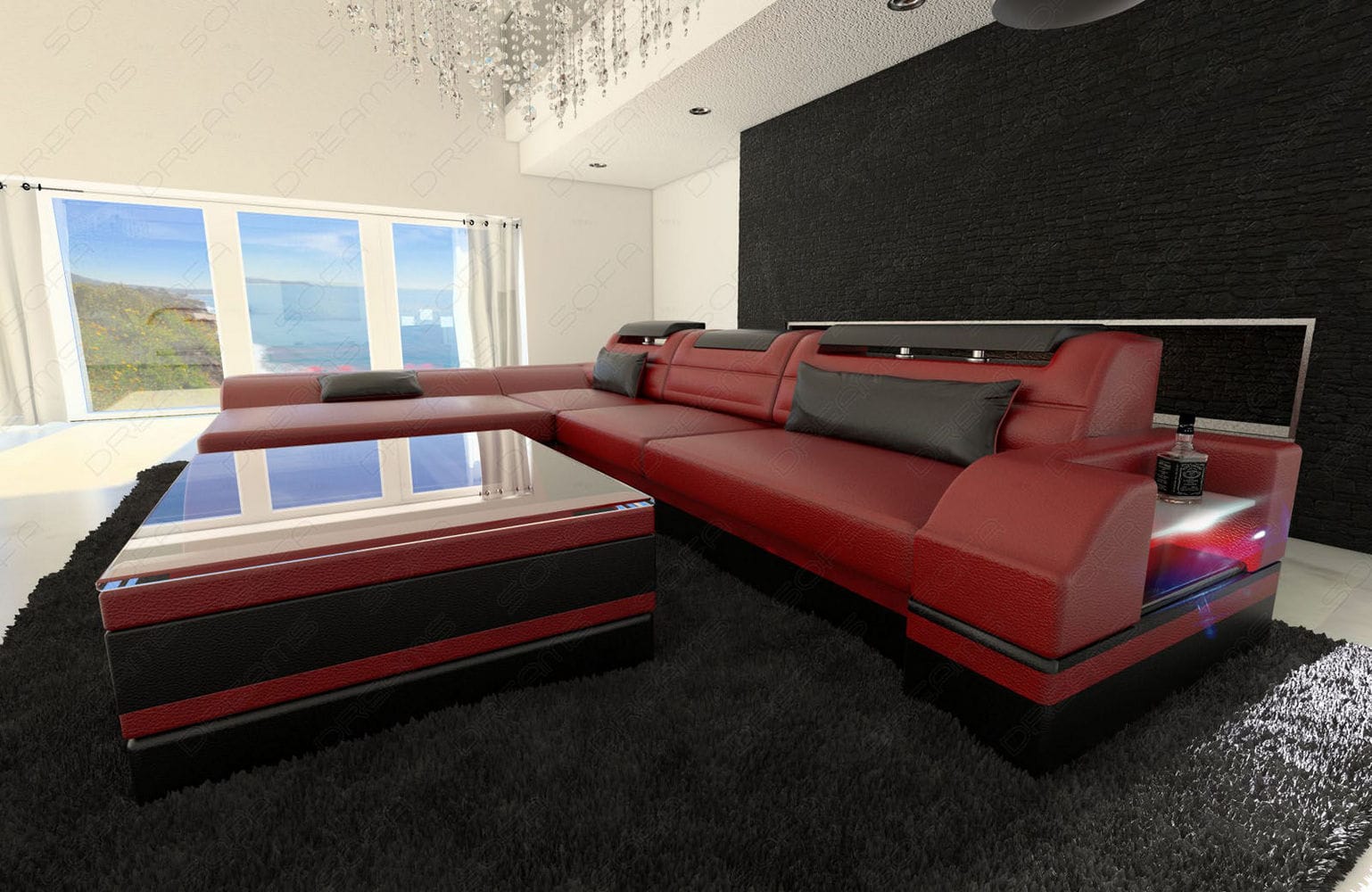 Designer Ledersofa Monza L-Form rot-schwarz