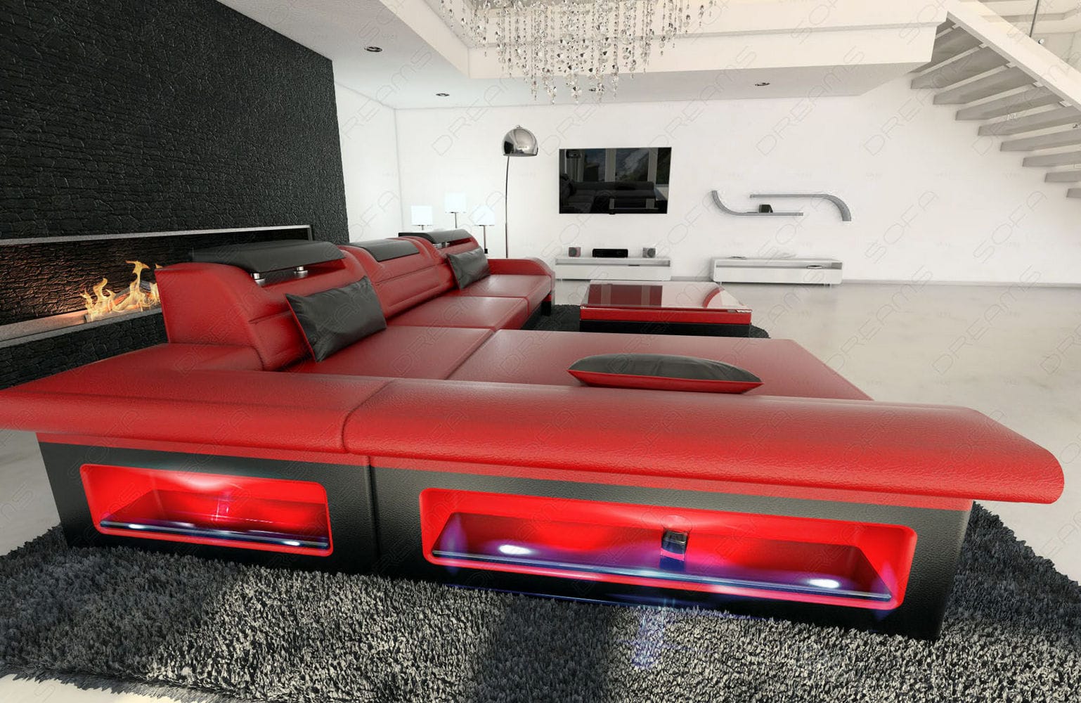 Designer Ledersofa Monza L-Form rot-schwarz