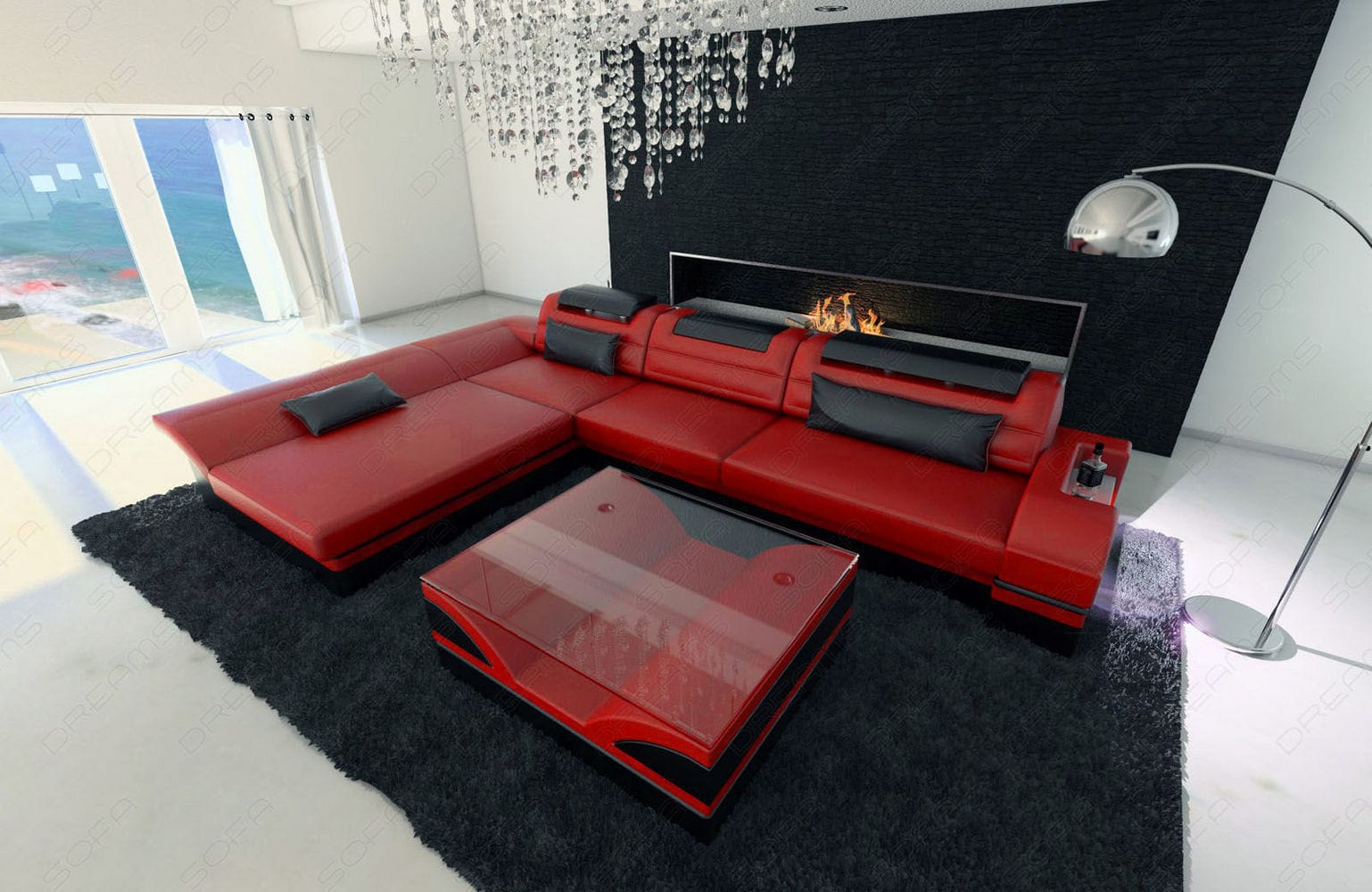 Designer Ledersofa Monza L-Form rot-schwarz