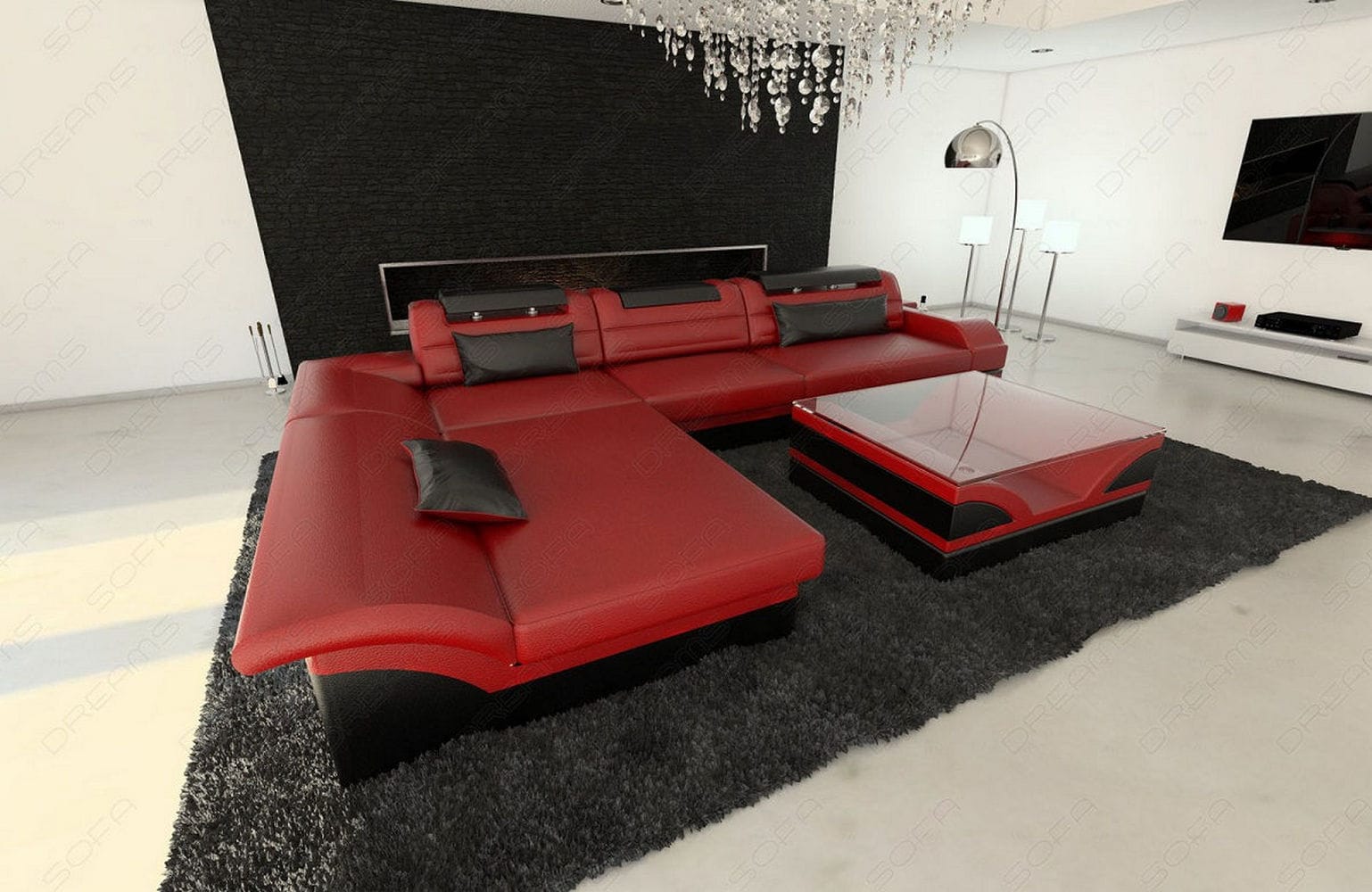Designer Ledersofa Monza L-Form rot-schwarz
