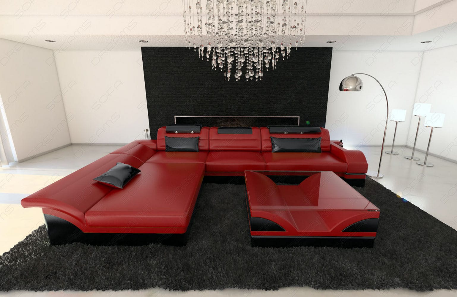 Designer Ledersofa Monza L-Form rot-schwarz