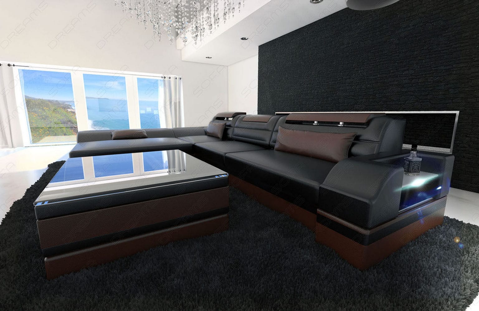 Couch Monza L Form in Leder schwarz-dunkelbraun