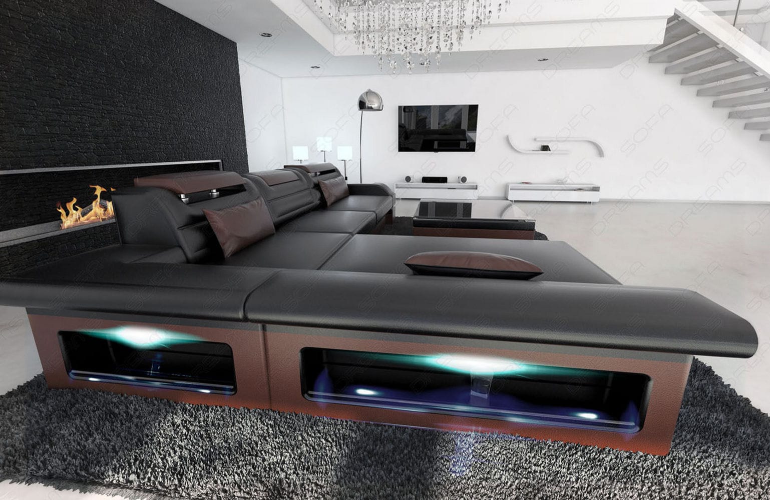 Couch Monza L Form in Leder schwarz-dunkelbraun