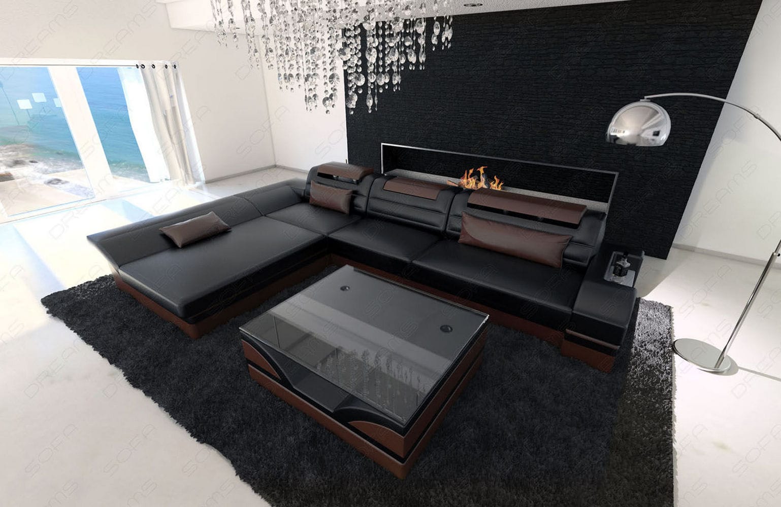 Couch Monza L Form in Leder schwarz-dunkelbraun
