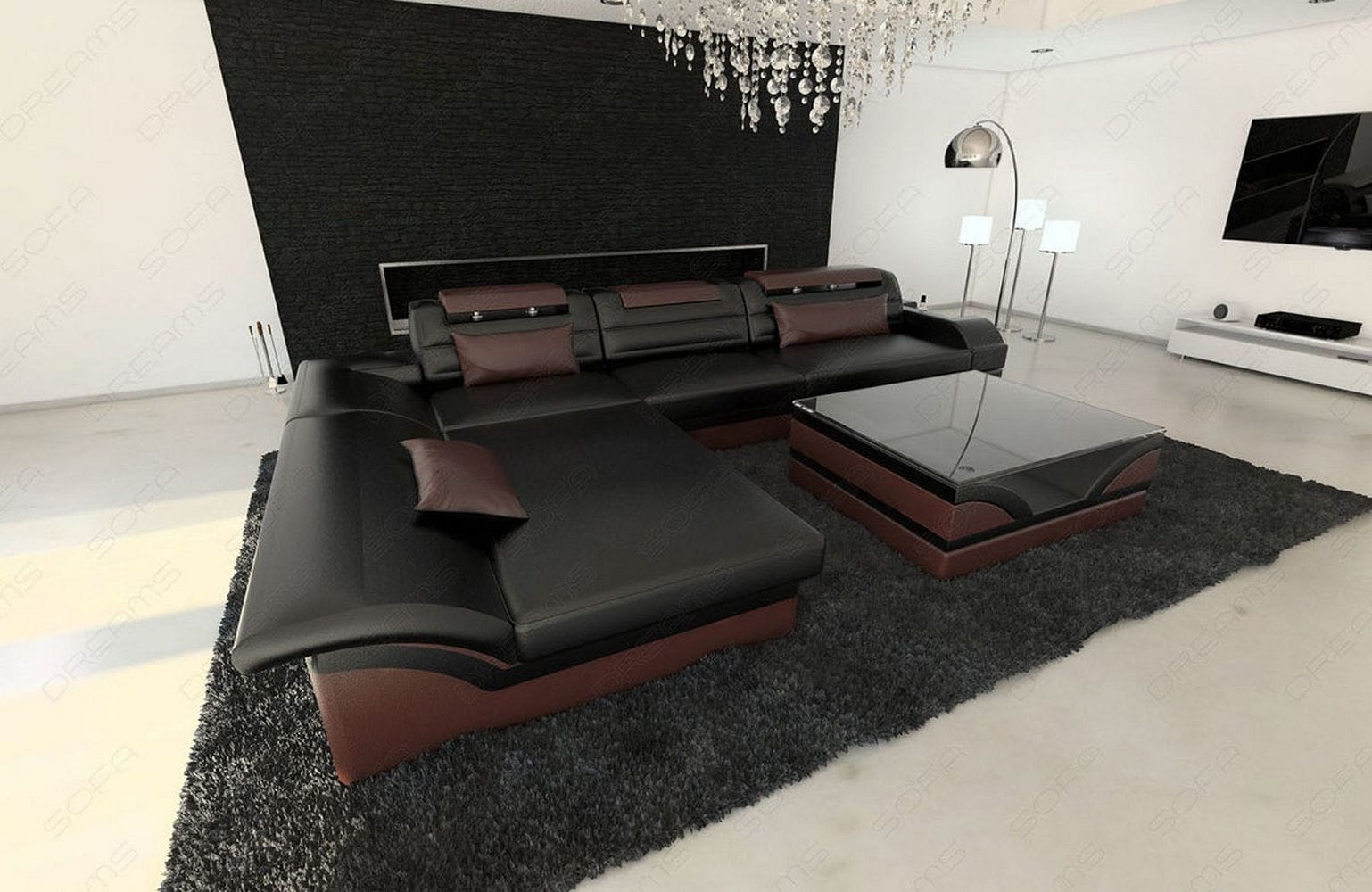 Couch Monza L Form in Leder schwarz-dunkelbraun