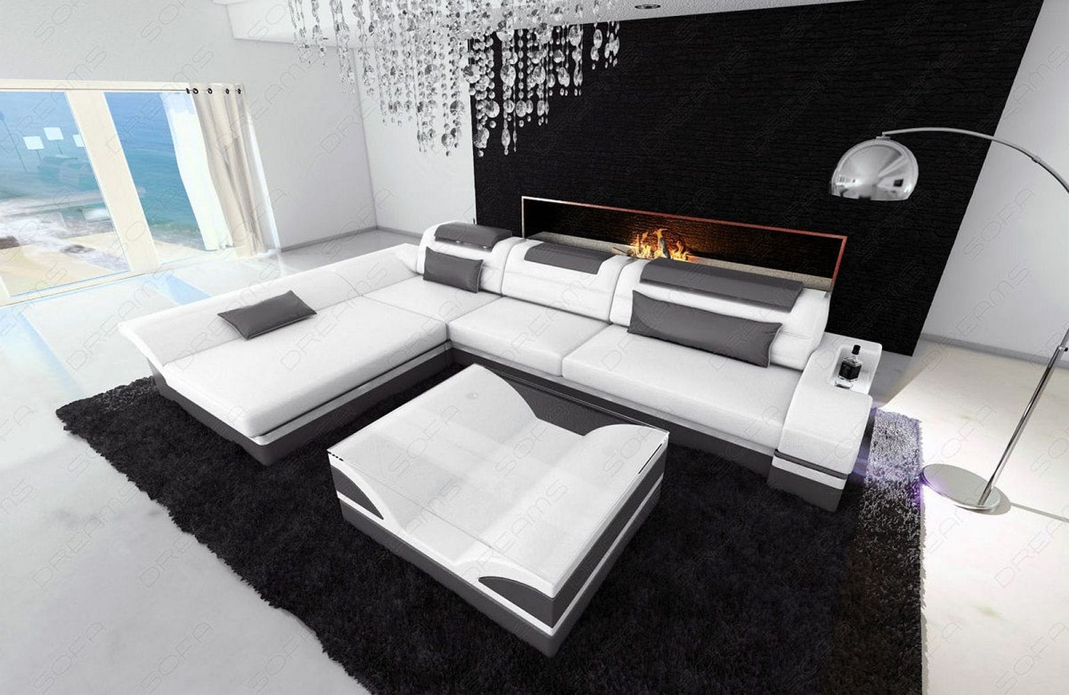 Couch Monza L Form in Leder weiß-grau