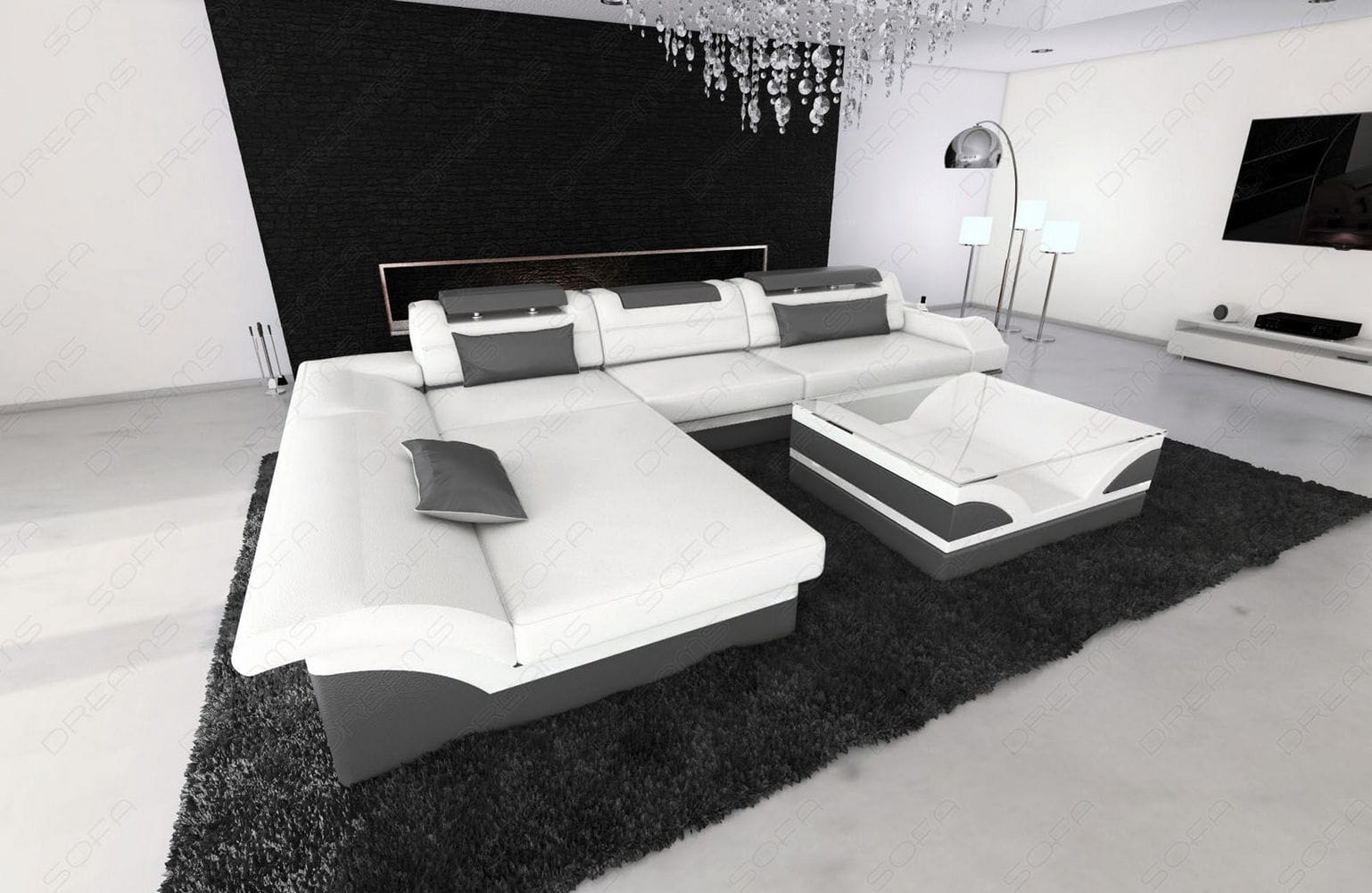Couch Monza L Form in Leder weiß-grau
