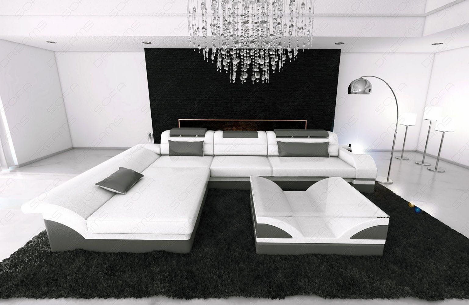 Couch Monza L Form in Leder weiß-grau