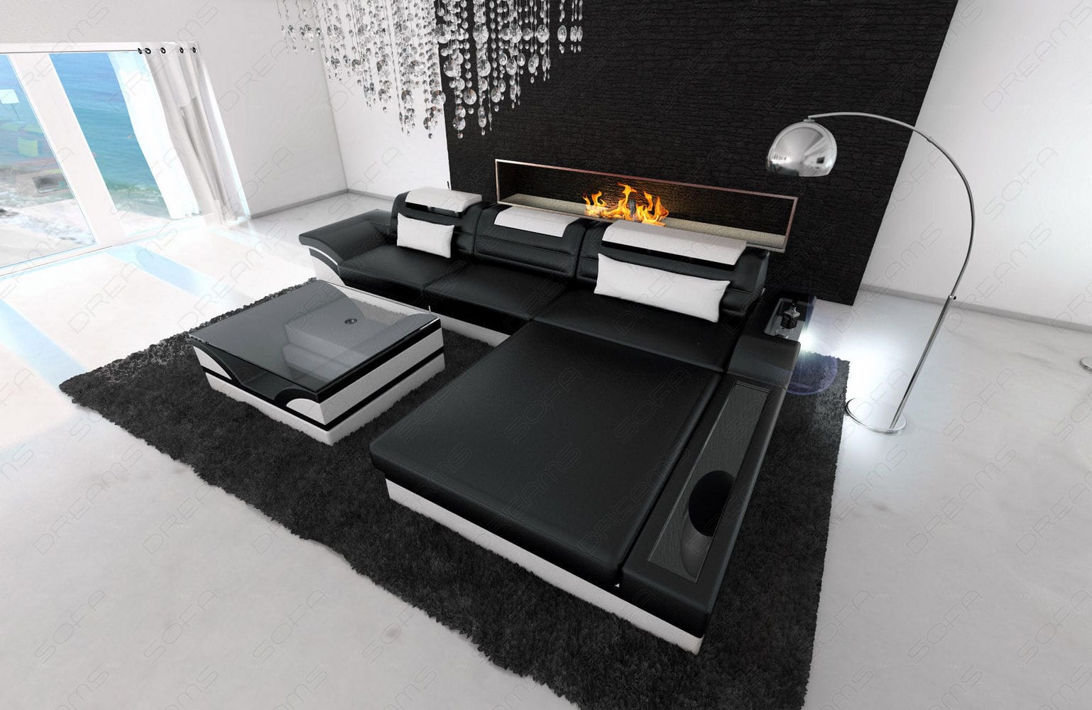 Mini Designer Ledersofa Parma L-Form Schwarz-Weiß