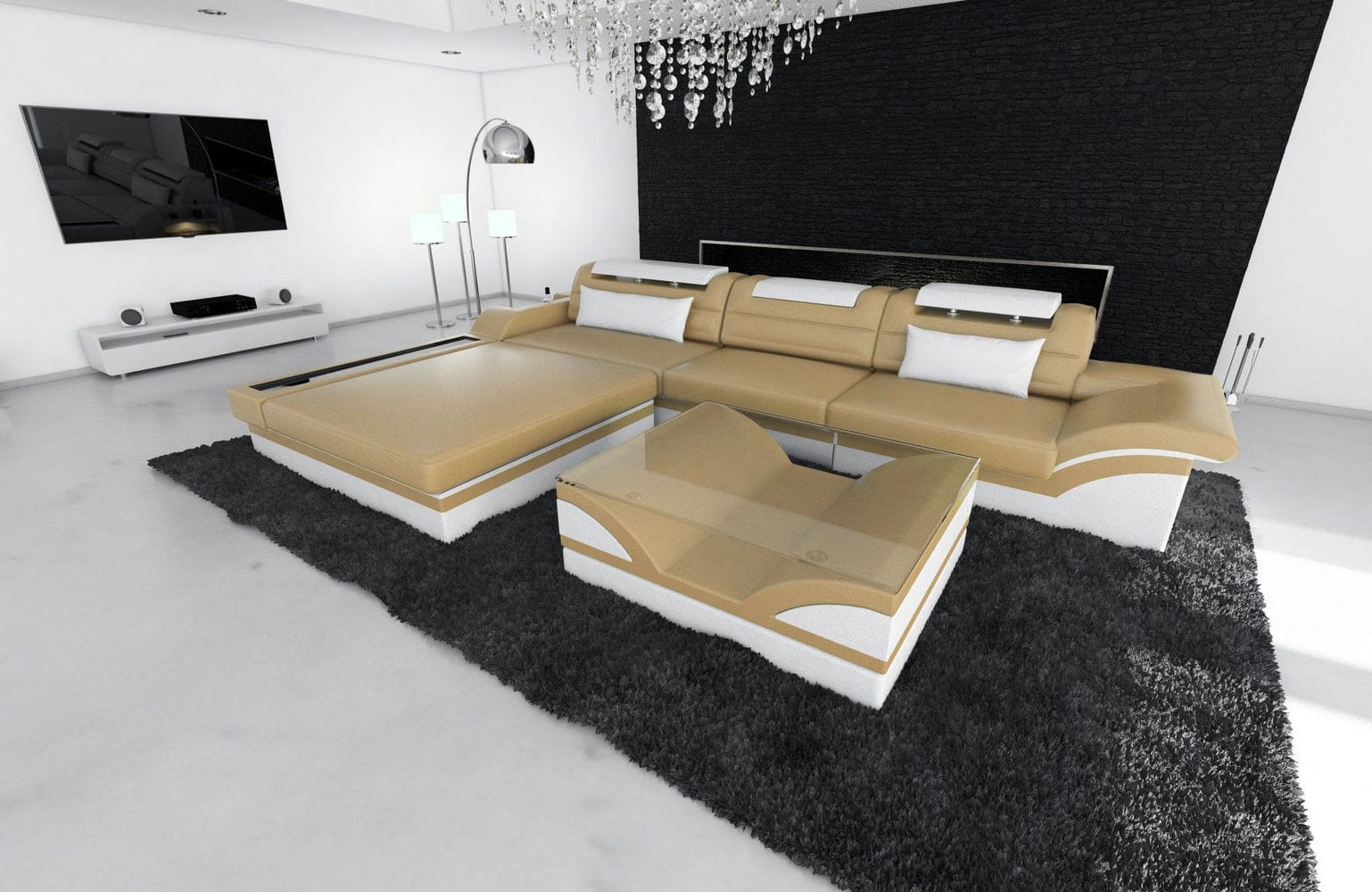 Mini Designer Ledersofa Parma L-Form Sandbeige-Weiß
