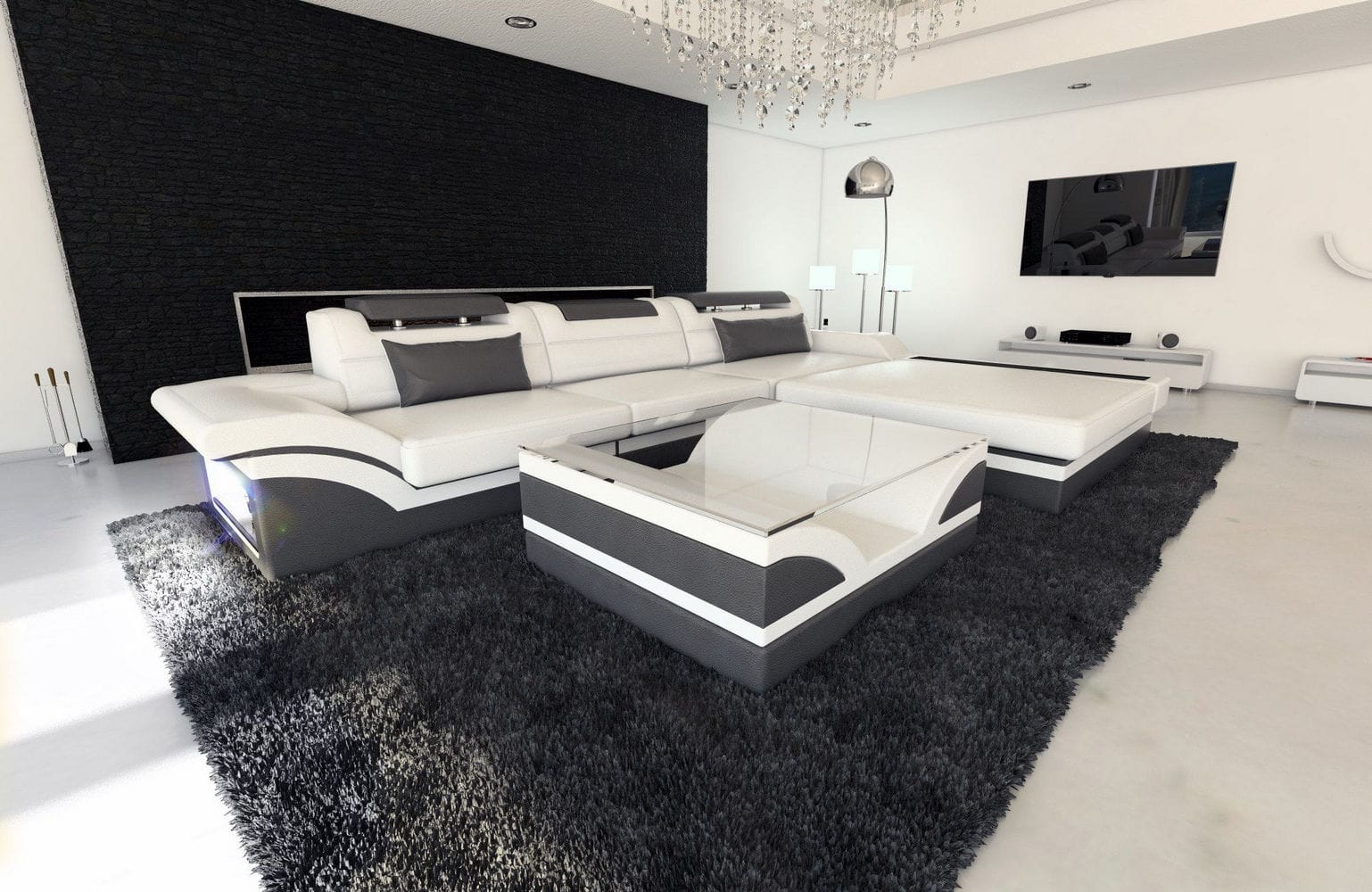 Mini Designer Ledersofa Parma L-Form Weiß-Grau