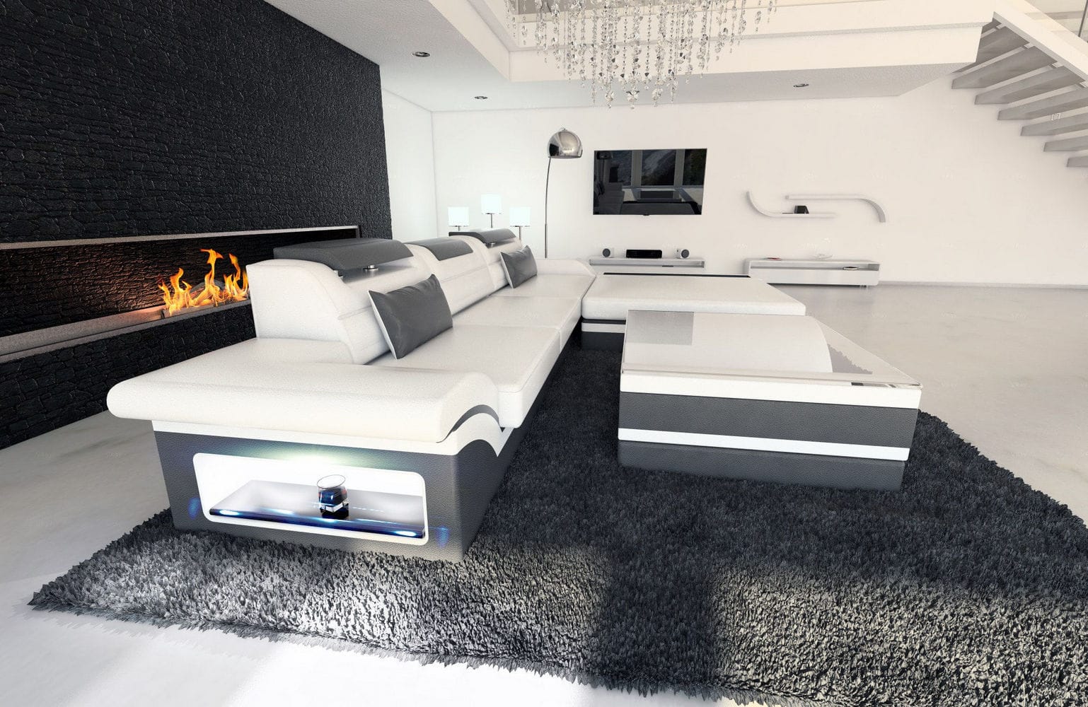 Mini Designer Ledersofa Parma L-Form Weiß-Grau